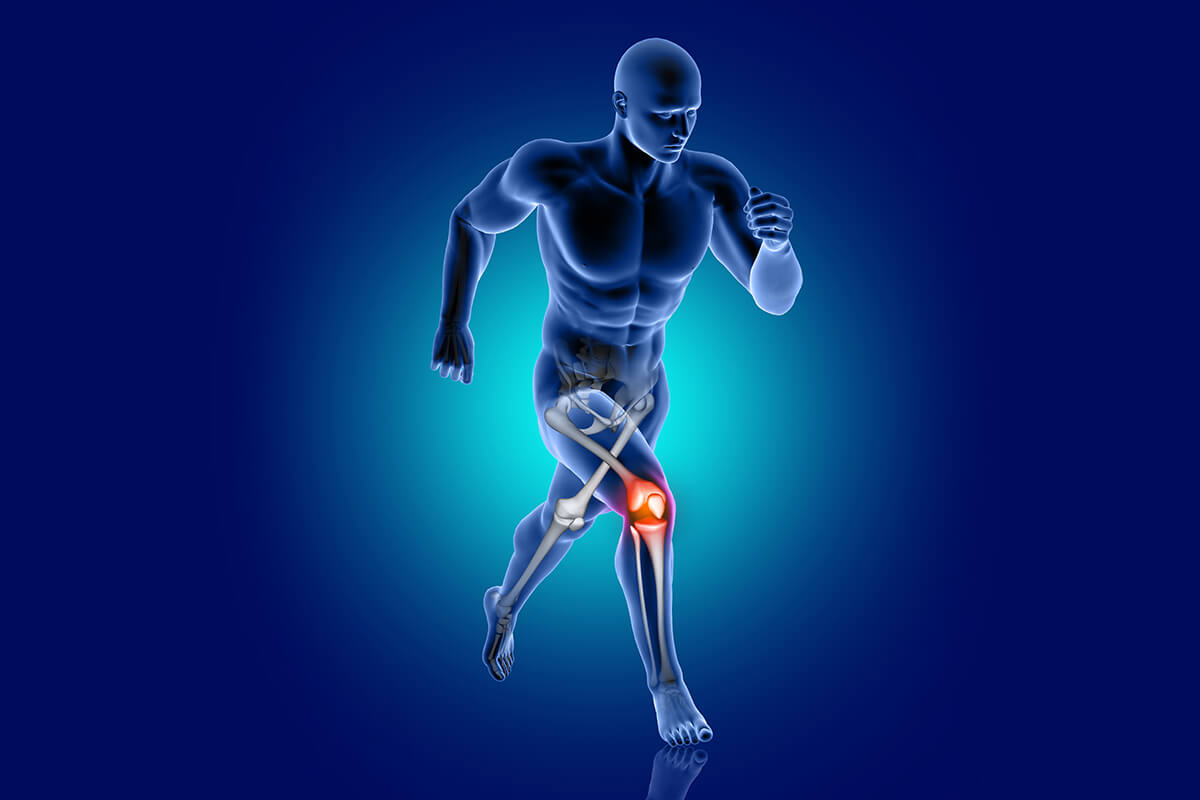 3d male medical figure running with knee bone highlighted