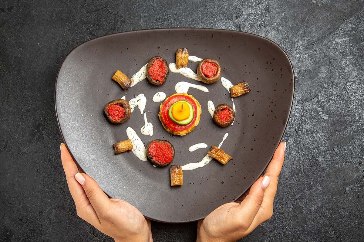 top view cooked squashes designed meal inside plate grey surface